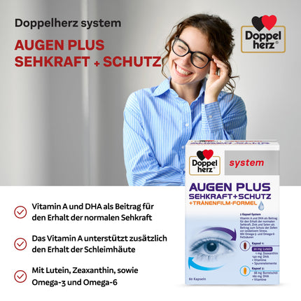 Doppelherz sistēma ACIS PLUS VĪZIJA + AIZSARDZĪBA – Ar A vitamīnu un omega-3 taukskābi DHA, kas veicina normālas redzes uzturēšanu – 60 kapsulas
