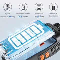 JUCJET 88E rācija, bezlicencīga PMR446 16 kanālu rācija, rokas rācija ar iebūvētu LED lukturīti. 2-in-1 C tipa uzlādes kabelis ar USB uzlādes staciju un austiņām (melns, 2 iepakojumā)