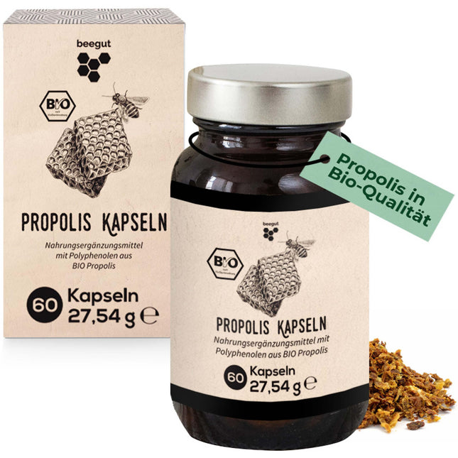 beegut ORGANISKĀ propolisa kapsulas, 60 kapsulas augu izcelsmes kapsulas apvalkā ar ORGANISKĀ propolisa ekstraktu, ilgtspējīgs iepakojums