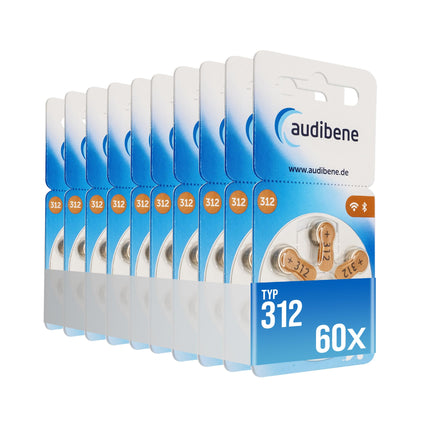 Audibene dzirdes aparātu baterijas, 312. tipa, brūnas, dzirdes aparātu baterijas, 60 gab. iepakojumā, ražotas Vācijā, komplektā BEZMAKSAS tīrīšanas drāna, bezvadu savienojumam apstiprinātas, bez dzīvsudraba