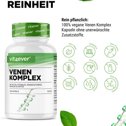 Vēnu komplekss - 180 kapsulas - 3 mēnešu krājumi - augsta deva ar rutīnu, saldo āboliņu, zirgkastaņas ekstraktu, mangānu, varu - augstākās kvalitātes ekstrakti - vegāns