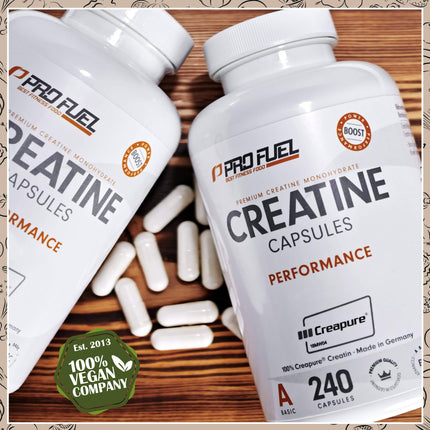 Kreatīna kapsulas 240x ar 850 mg Creapure® kreatīna monohidrāta - augstas kvalitātes kreatīns, ražots Vācijā - optimāli dozēts ar 3000 mg tīra kreatīna dienā - laboratoriski pārbaudīts ar sertifikātu - 100% vegāns