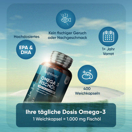 Omega 3 - 400 kapsulas 1+ gada lietošanai - 1000 mg zivju eļļas dienā - neaizvietojamās Omega 3 taukskābes ar EPA un DHA - sirdij, smadzenēm un asinsspiedienam (EFSA) - dabīga zivju eļļa no anšoviem - WeightWorld