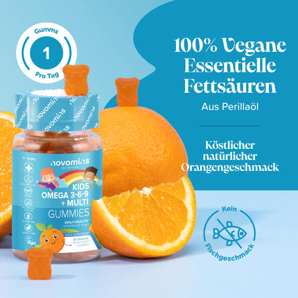 Bērnu Omega 3 6 9 gumijas konfektes – D vitamīns un E vitamīns – Vegāniskas Omega 3 taukskābes – 1 mēneša deva – Košļājamas uztura bagātinātāja tabletes – Uz augu bāzes veidota alternatīva zivju eļļai – Novomins bērnu vitamīni