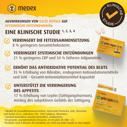 Medex Organic Royal Jelly FORTE, īpaši stiprs ar 1500 mg peru pieniņa, šķidrums ampulās, viegli atverams, ar dabīgu C vitamīnu, no bioloģiskās lauksaimniecības, 10 x 9 ml