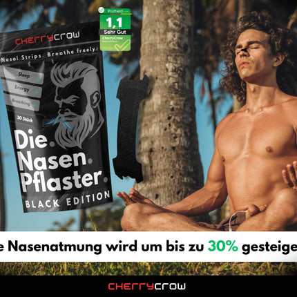 CherryCrow® - deguna plāksteri | (30 gab.) Augstākās kvalitātes melnas deguna plāksteri labākai elpošanai. 100% ādai draudzīgi plāksteri — veiktspēja un labāks miegs. Sporta pretkrākšanas plāksteri.
