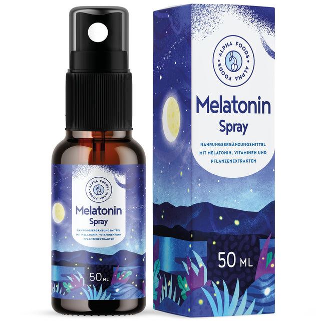 Melatonīna aerosols augstā devā - 400 dienu piegāde (50 ml) - ar baldriānu, pasifloru, citronmelisu, lavandu, B6 un B1 vitamīniem - bezalkoholisks - vegāns - aveņu garša - Alpha Foods