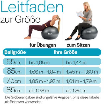 Core Balance, sprādziendroša vingrošanas bumba - fitnesam, jogai, grūtniecēm - 55 cm, 65 cm, 75 cm, 85 cm - komplektā. gaisa sūknis