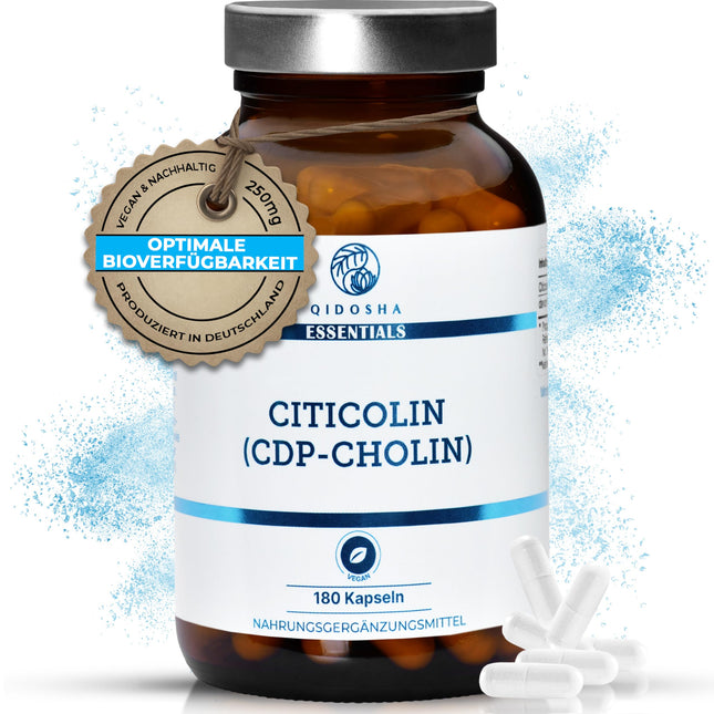 QIDOSHA® CDP holīna (citikolīna) kapsulas, 180 kapsulas aptiekas glāzē, 250 mg citikolīna/CDP holīna vienā kapsulā, vegāns, laboratorijā pārbaudīts, ražots Vācijā, citikolīna CDP holīns 250 mg