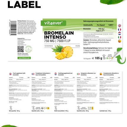 Bromelain Intenso - 750 mg (7500 FIP) - 120 kuņģa sulu izturīgas kapsulas - Īpaši augsta deva - Dabīgs ananāsu ekstrakts - Vegāns