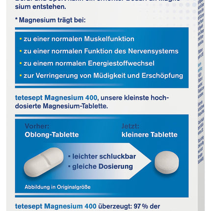 tetesept Magnesium 400 augstas devas - 1 x 30 tabletes - uztura bagātinātājs ar magniju – viegli norijamas magnija tabletes aktīviem, normāliem muskuļiem*