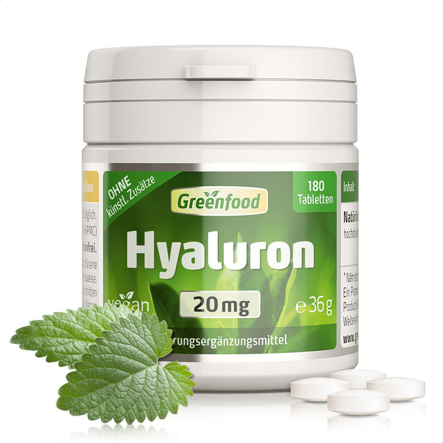 Hialuronskābe, augsta deva, 20 mg - 180 tabletes, vegāns. Tīra hialuronskābe - iegūta dabiskās fermentācijas ceļā. BEZ mākslīgām piedevām - laboratoriski pārbaudīts. No Greenfood.