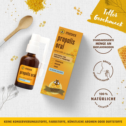 Medex Propolis Oral, propolisa aerosols, mutes un rīkles aerosols, uz ūdens bāzes, BEZ spirta; Ar medu, salviju, niacīnu, ehināciju, standartizētiem bioflavonoīdiem, ar aplikatoru, 30 ml