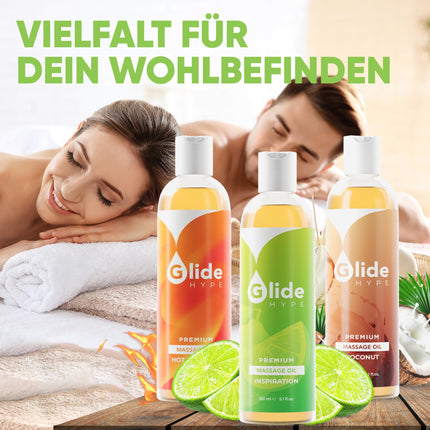 GlideHype PREMIUM masāžas eļļa IEDVESMA ar laima aromātu | Ādas kopšanas lubrikants jutekliskām masāžām un relaksācijai (150 ml)