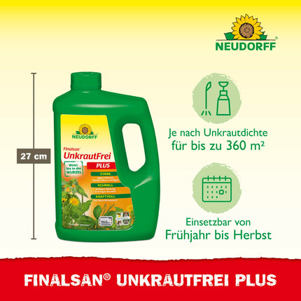 Neudorff Finalsan UnkrautFrei Plus koncentrāts — spēcīgs nezāļu iznīcinātājs, kas iedarbojas tieši līdz augu saknēm. Ātras darbības nezāļu tīrītājs 1x 2 litri, zaļš