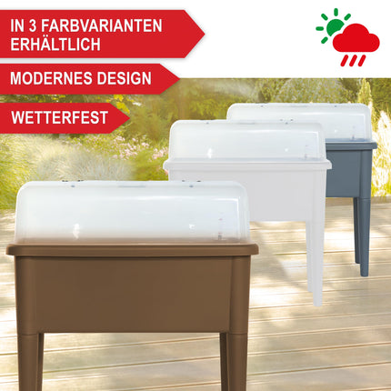 Onbest paaugstināta dobe/aukstais rāmis – ar pārsegu/ūdens indikatoru – izgatavots no izturīgas plastmasas – ideāli piemērots dārzam/terasei/balkonam – paaugstināta garšaugu dobe audzēšanai – puķu pods ar dārza instrumentiem (kafija)
