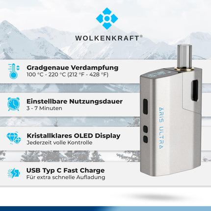 WOLKENKRAFT ÄRiS ULTRA Premium iztvaicētājs - USB-C | Titāna kamera | Temperatūra 100–220 °C | Darbības taimeris 3–7 min. | ECA konvekcijas tehnoloģija *Ieroču metāls*