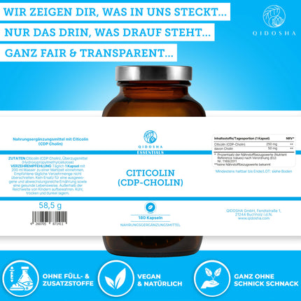 QIDOSHA® CDP holīna (citikolīna) kapsulas, 180 kapsulas aptiekas glāzē, 250 mg citikolīna/CDP holīna vienā kapsulā, vegāns, laboratorijā pārbaudīts, ražots Vācijā, citikolīna CDP holīns 250 mg