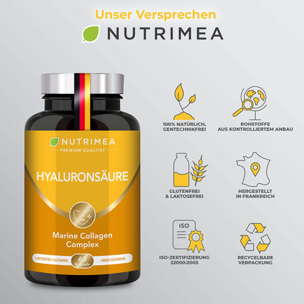Hialuronskābes kolagēna komplekss | Augstākās kvalitātes hialuronskābe, bagātināta ar C vitamīnu un A vitamīnu | 60 kapsulas ar augstu devu | Gludai ādai, novecošanās novēršanai un locītavām