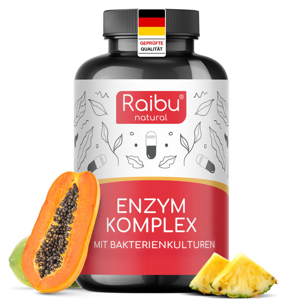 Gremošanas enzīmi, enzīmu komplekss - bromelaīns, papaīns, proteāze, amilāze, lipāze un laktāze - baktēriju kultūras un dabīgais kalcijs labākai formulai - 90 zarnās šķīstošās kapsulas - Raibu