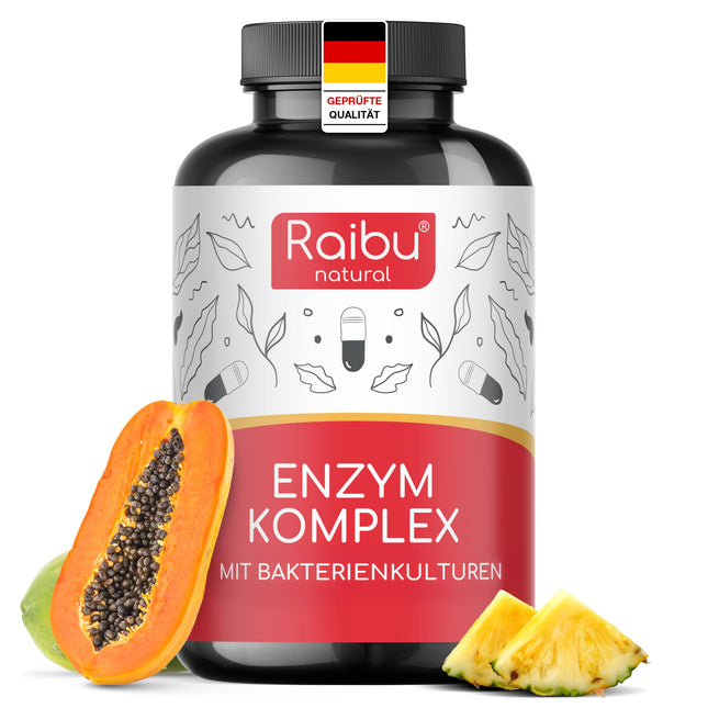 Gremošanas enzīmi, enzīmu komplekss - bromelaīns, papaīns, proteāze, amilāze, lipāze un laktāze - baktēriju kultūras un dabīgais kalcijs labākai formulai - 90 zarnās šķīstošās kapsulas - Raibu