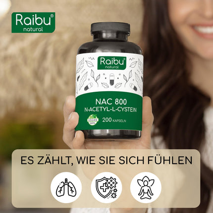 Raibu NAC 800 kapsulas ar augstu devu (200 kapsulas x 800 mg) | NAC acetil-L-cisteīns vislabākajā kvalitātē bez piedevām, ražots Vācijā