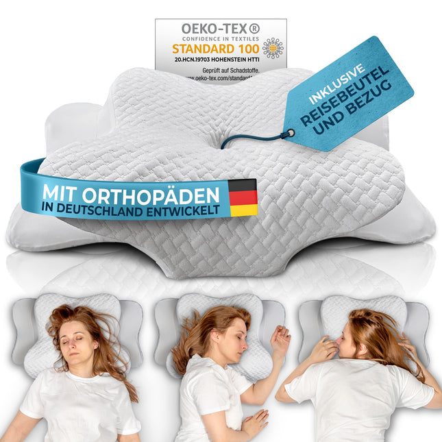 Glückstoff® ortopēdiskais spilvens (sertificēts visiem miega veidiem) Memory Foam spilvens kakla sāpēm | Kakla atbalsta spilvens Ergonomisks galvas spilvens Sānu guļamvietas spilvens Balts