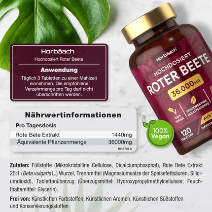 Biešu tabletes ar augstu devu 36 000 mg | 120 vegāniski gabaliņi | Biešu superēdiens | Biešu ekstrakts | Horbaach
