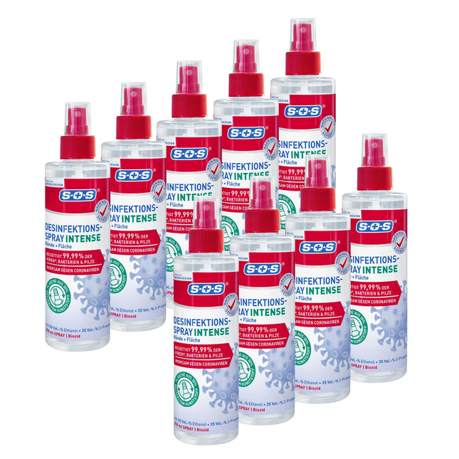 SOS dezinfekcijas aerosols INTENSE rokām + virsmām | iznīcina 99,99% baktēriju, sēnīšu, vīrusu* (piemēram, herpes, gripas un norovīrusus) | paplašināts darbības spektrs**| 9 x 250 ml