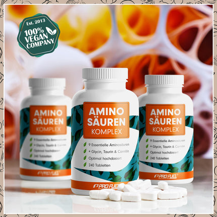 Augstas devas aminoskābju komplekss - 240 tabletes - 6000 mg aminoskābju dienā - 9 neaizvietojamās aminoskābes + 3 kofaktori: taurīns, karnitīns un glicīns - laboratoriski pārbaudīts ar sertifikātu - 100% vegāns