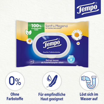 Tempo mitrās tualetes salvetes "Maigas un saudzīgas" - Megapack - 16 iepakojumi pa 42 salvetēm katrā - Duo iepakojumi - ar dabīgām kumelītēm - Tualetes papīrs, dermatoloģiski pārbaudīts un pH neitrāls ādai