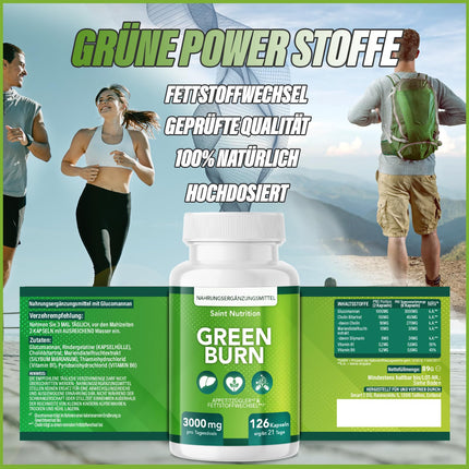 GREEN BURN® apetītes nomācošās kapsulas – īpaši augsta deva ar glikomanānu, holīnu, B1 + B6 vitamīniem – uztura bagātinātājs sievietēm un vīriešiem – atbalsta svara zudumu un vielmaiņu – ātrs un spēcīgs