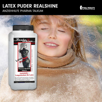 Optimal Products lateksa pulveris REALSHINE 650 g I balts talka pulveris, kas piemērots kā pārsiešanas līdzeklis lateksa apģērbam, lateksa cimdiem un to uzglabāšanai I bez smaržas, farmaceitiskas kvalitātes talks, antistatisks