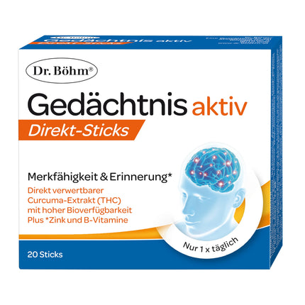 Dr. Böhm Memory Active Direct Sticks: Atmiņai, iegaumēšanai un garīgajai veiktspējai ar kurkumas ekstraktu, B vitamīniem, cinka un lecitīna kompleksu, 20 stienīši
