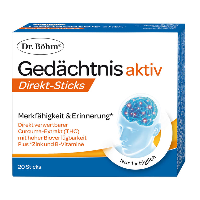 Dr. Böhm Memory Active Direct Sticks: Atmiņai, iegaumēšanai un garīgajai veiktspējai ar kurkumas ekstraktu, B vitamīniem, cinka un lecitīna kompleksu, 20 stienīši