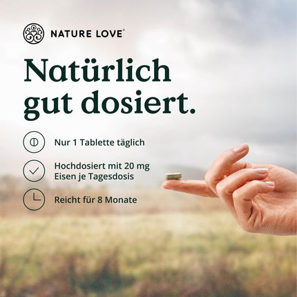 NATURE LOVE® dzelzs tabletes ar C vitamīnu - 240 tabletes - 20 mg dzelzs un 40 mg C vitamīna vienā tabletē - Augsti biopieejams dzelzs bisglicināts (dzelzs helāts) - Vegāns, ražots Vācijā