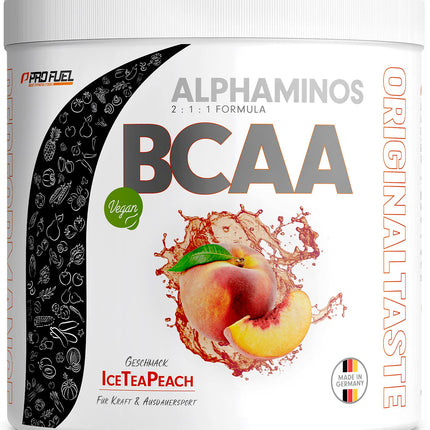 BCAA pulveris 300g LEDUS TĒJA AR PERSIKU MĒRCI - Alphaminos BCAA 2:1:1 dzēriens ar 8000 mg BCAA - neticami garda garša, neaizvietojamās aminoskābes (EAA) leicīns, izoleicīns un valīns - 100% vegāns un laboratorijā pārbaudīts