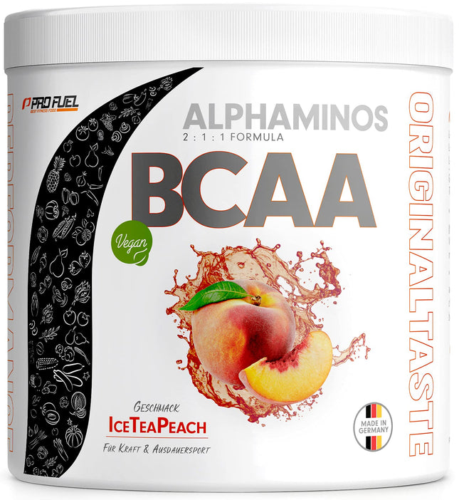 BCAA pulveris 300g LEDUS TĒJA AR PERSIKU MĒRCI - Alphaminos BCAA 2:1:1 dzēriens ar 8000 mg BCAA - neticami garda garša, neaizvietojamās aminoskābes (EAA) leicīns, izoleicīns un valīns - 100% vegāns un laboratorijā pārbaudīts