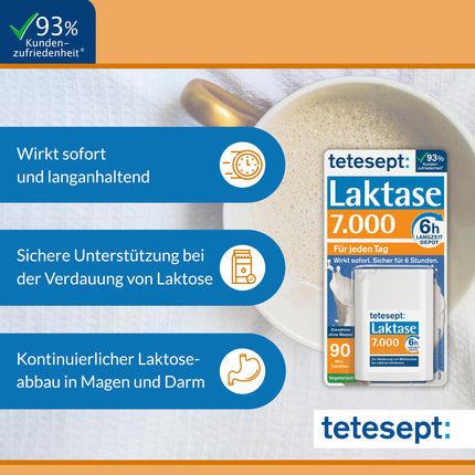 tetesept Lactase 7000 – laktāzes tabletes laktozes nepanesības gadījumā – uztura bagātinātājs ar tūlītēju iedarbību un 5 stundu ilgstošu depo – 1 bundža ar 90 tabletēm