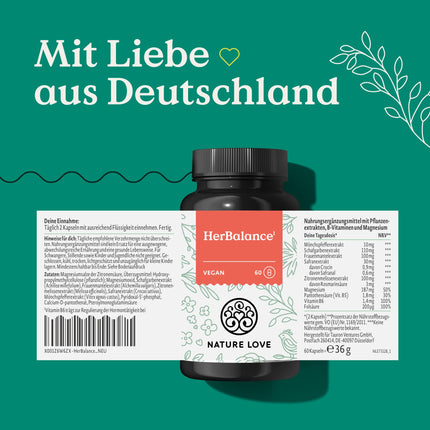NATURE LOVE® HerBalance sievietēm - 60 kapsulas - ar vaislas ogām, magniju, B6 vitamīnu hormonu līdzsvaram, folskābi - vegāns, augsta deva, laboratoriski pārbaudīts