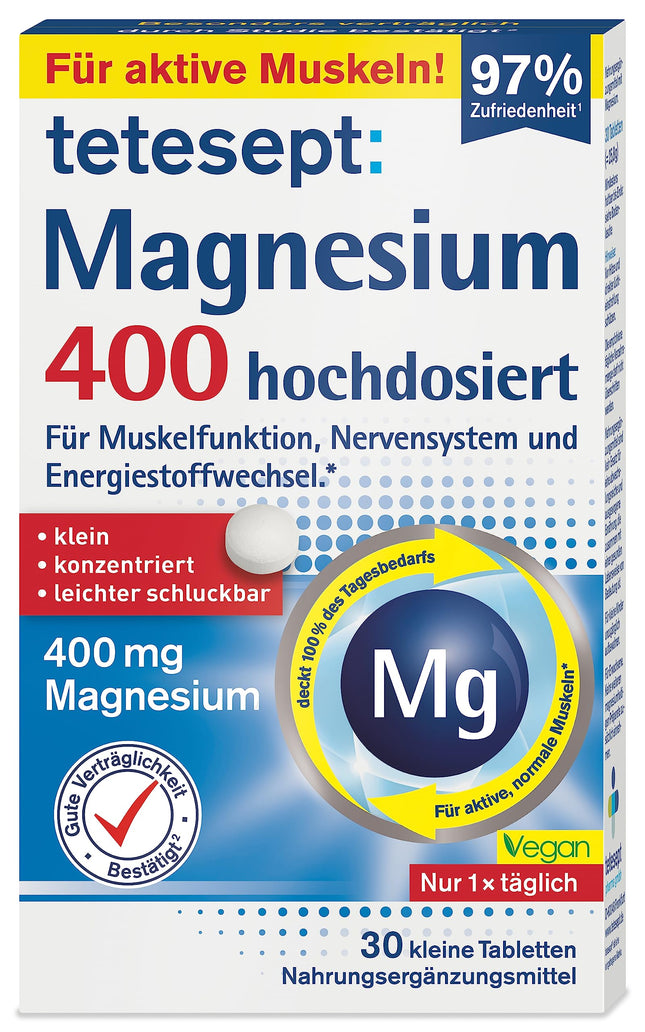 tetesept Magnesium 400 augstas devas - 1 x 30 tabletes - uztura bagātinātājs ar magniju – viegli norijamas magnija tabletes aktīviem, normāliem muskuļiem*