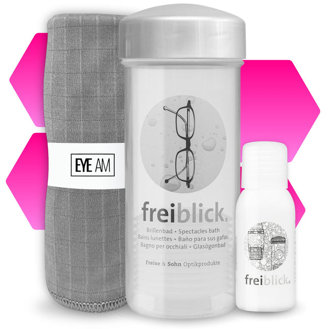 Freiblick briļļu vanniņa (pelēka) komplektā ar 50 ml speciālo tīrīšanas līdzekli un mikrošķiedras lupatiņu | Optiķa kvalitātes briļļu tīrīšanas lupatiņa | Briļļu tīrīšana katram briļļu pārim