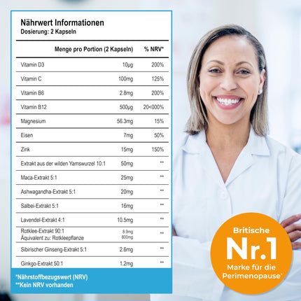 Veselība un viņas perimenopauze - ar 800 mg sarkanā āboliņa, 500 mg jama saknes, dzelzi, D3, B6 un B12 vitamīniem un makas ekstraktu labākam hormonu līdzsvaram agrīnā menopauzes laikā - Menopauze 60 kapsulas