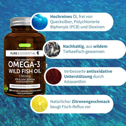 Igennus augstākās kvalitātes Omega-3 savvaļas zivju eļļa un astaksantīns, triglicerīdu forma rTG, 1360 mg, EPA 670 mg un DHA 330 mg Omega-3 taukskābes, īpaši tīras; bez vides toksīniem, citronu garša, 180 mīkstās kapsulas