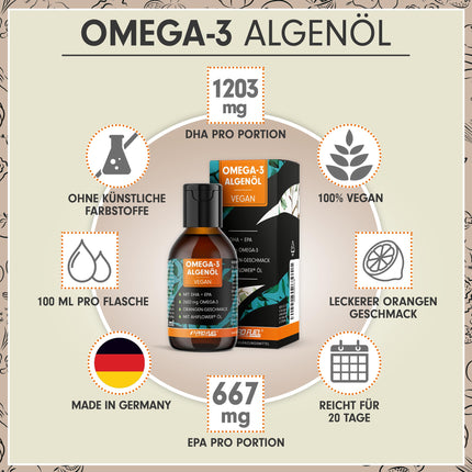 Omega-3 aļģu eļļa 100 ml - augsta deva ar 3665 mg aļģu eļļas, tostarp 1203 mg DHA un 667 mg EPA - vegāna Omega-3 eļļa + Ahiflower® eļļa ar patīkamu apelsīnu garšu - laboratoriski pārbaudīta ar sertifikātu