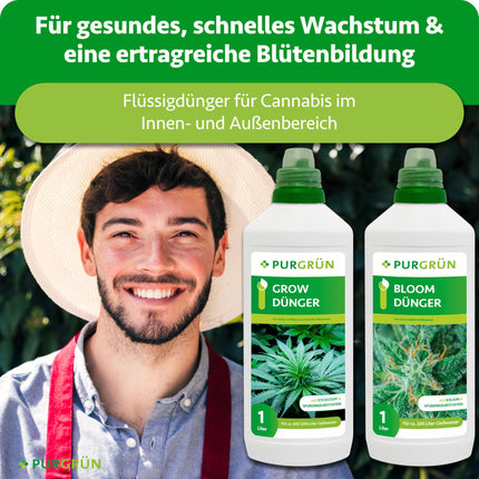 Purgrün® kaņepju mēslojuma komplekts 2 x 1 litrs – Ātras iedarbības minerālu formula – Pilna spektra barības vielas augšanai un ziedēšanai – Šķidrs mēslojums lietošanai iekštelpās un ārā – Automātiski ziedošām, sativu un indica šķirnēm