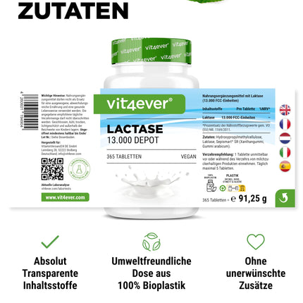 Lactase 13,000 Depot - 365 tabletes ar depo efektu (Sepismart® Slow Release) - Augsta deva ar 13 000 FCC vienībām - Laktozes un piena nepanesības gadījumā - Bez nevēlamām piedevām