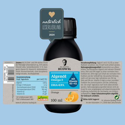 Dr. Johanna Budwig Omega 3 aļģu eļļa vegānam apelsīnu aromātam (100 ml) - augsta deva, bagāta ar DHA, EPA, D3 un K2 vitamīniem - šķidra aļģu eļļa vegānai, šķidra aļģu eļļa laboratoriski pārbaudīta