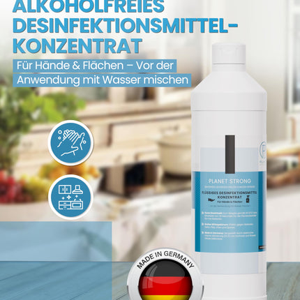 Planet Strong® - 1 l bezalkoholisks dezinfekcijas koncentrāts rokām, virsmām un ādai - Pret baktērijām, vīrusiem, sporām, sēnītēm, raugu, pelējumu un nepatīkamām smakām | Pudele (Halal un Kosher)