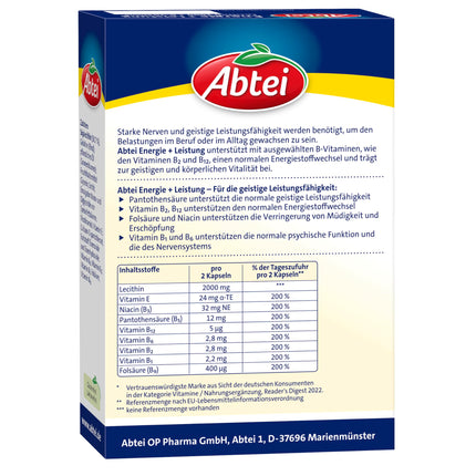 Abtei Energy + Performance – 2000 mg lecitīna + 7 B vitamīni – augsta deva – uztura bagātinātājs koncentrēšanās un garīgās veiktspējas uzlabošanai – 1 x 40 kapsulas